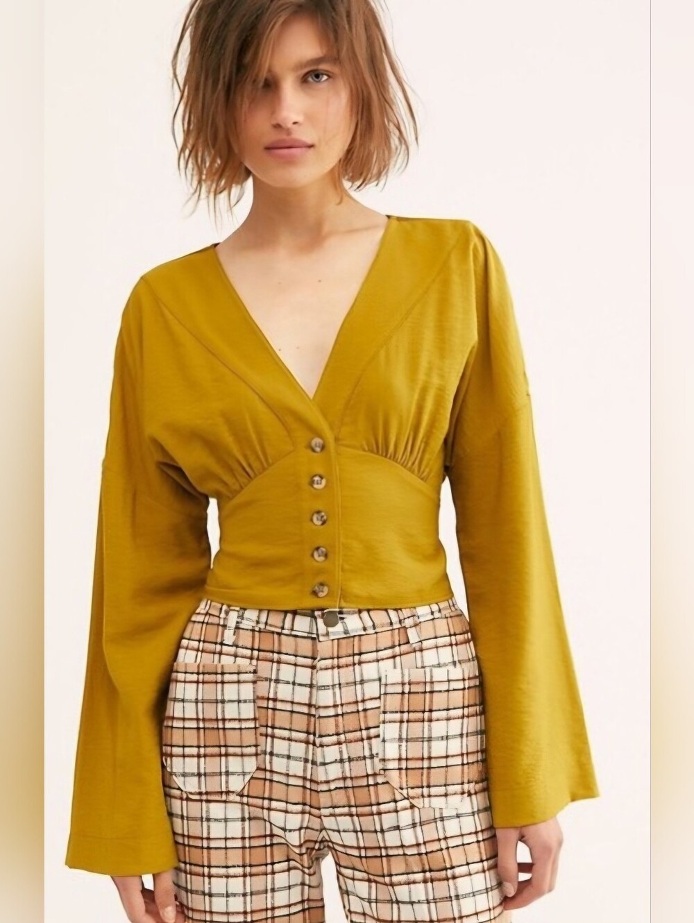 Free People Small Mustard Yellow Forever Yours Cropped Rouched Boho Blouse Top